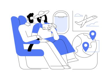 Uçakta karikatür vektör çizimleri izole edildi. Mutlu çift ayrılmadan önce uçakta selfie çekiyor, tatile hazırlanıyor, insanların yaşam tarzı, seyahat eden zaman vektörü karikatürü.