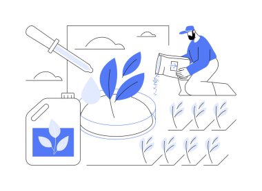 Biostimülan soyut konsept vektör çizimi. Çiftçi bitkiye, tarım endüstrisine, akıllı ve sürdürülebilir tarıma, toprak yönetimi sürecine ve soyut metafora biostimülan uygular.