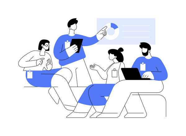 Это изолированные карикатурные иллюзии. Группа подростков, обсуждающих на семинаре с преподавателем, учебный процесс колледжа, университетские классы, векторную карикатуру студенческого образа жизни.