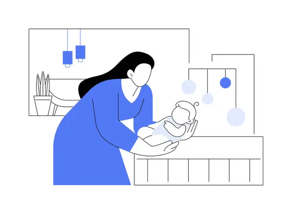 Colocar Bebê Cama Ilustrações Vetoriais Desenhos Animados Isoladas Mãe Bonita — Vetor de Stock