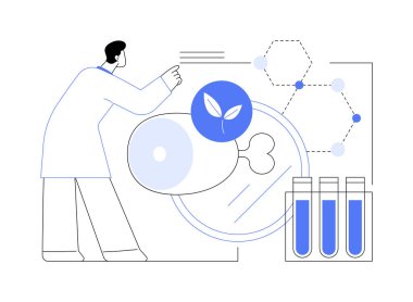 Bitki temelli et soyut konsept vektör çizimi. Biyoteknoloji uzmanı laboratuvarda yetişen etleri, genetik mühendisliğini, ekoloji endüstrisini, sürdürülebilir gıda üretimini, soyut metaforu araştırıyor..