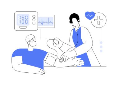 Yüksek tansiyon kontrolü soyut konsept vektör çizimi. Doktor hastaya uygulanan baskıyı, kan basıncı yönetimini, hipertansiyon kontrolünü, önleyici tıp metaforunu ölçüyor.