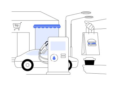 Benzin istasyonu soyut konsept vektör çizimi. Benzin istasyonunda, araba servisinde, tüketim fikri soyut metaforunda yiyecek alan ve kahve götüren kişisel taşıma şirketi sahibi.