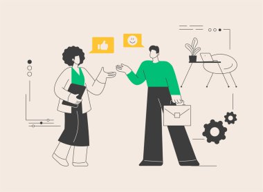 Yeni ekip üyeleri soyut konsept vektör çizimi. Adaptasyon, şirkete katılma, çalışanlar eğitimi, ilk gün, yeni meslektaş, çatışma çözümü, değerlendirme, proje ekibi soyut metaforu.