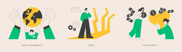 Принятие решений абстрактный набор векторных иллюстраций концепции. Социальная ответственность, выбор, благотворительность, социальная ценность, частная инициатива, решение проблем, донорский фонд, волонтерство, метафора.