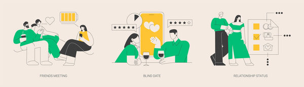 Social interactions abstract concept vector illustration set. Friends meeting, blind date, relationship status, leisure time, speed dating, first impression, soul mate, together abstract metaphor.