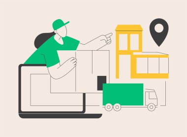 Taşıma noktası soyut konsept vektör çizimi. Teslimat noktası doğrulaması, kurye sürücüsü uygulaması, nakliye şirketi, postane, izleme başvurusu, soyut metafor paketini al.