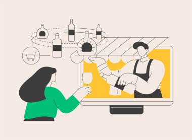 Alkol E-ticaret soyut konsept vektör çizimi. Çevrimiçi bakkal, alkol pazarı, doğrudan tüketiciye çevrimiçi şarap, içki dükkanı, temassız teslimat, evde soyut metafor.