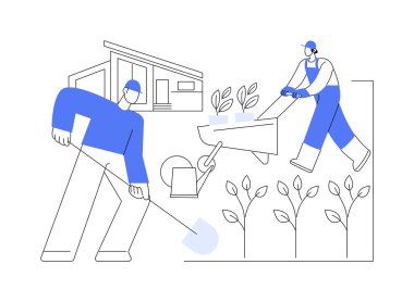 Ağaçları dikmek soyut konsept vektör çizimi. Bir grup müteahhit ağaç dikiyor, ticari inşaat, peyzaj endüstrisi, bahçıvanlık sezonu, park geliştirme soyut metaforu..