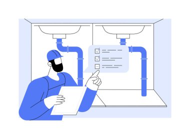 Tesisat teftişi soyut konsept vektör çizimi. Üniformalı müfettiş, bir inşaat sahasında tesisat sistemini inceliyor, bina teftiş hizmetleri soyut metafor..