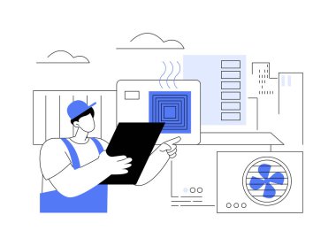 HVAC teftişi soyut konsept vektör çizimi. HVAC müfettişi, ticari inşaat, tiraj ve havalandırma sistemlerindeki ısıtma ve soğutma sistemlerini kontrol ediyor..