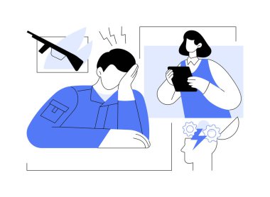Travma sonrası stres bozukluğu soyut konsept vektör çizimi. Askeri konuşmalar psikiyatrist, savaş gazileri zihinsel bozukluklar, travma sonrası stres sonrası soyut metafor..