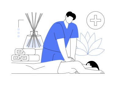 Terapötik masaj soyut konsept vektör çizimi. Doktor hastaya masaj yapıyor, ilaç sektörü, ağrı kesici, gevşeme süreci, osteopati endüstrisi soyut metafor.