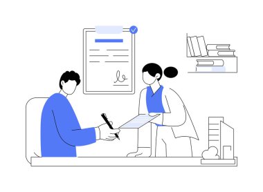 Mimar soyut konsept vektör illüstrasyonuyla sözleşme imzalamak. İnşaat şirketi sahibi profesyonel bir mimarla anlaşmış. Ticari inşaat firması soyut metaforu..