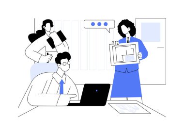 Şematik tasarım soyut konsept vektör çizimi. Ofiste yeni bina tasarımını, ticari inşaat planlamasını, iş adamlarının soyut metaforunu tartışan bir grup mimar..