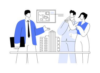 Tasarım geliştirme soyut konsept vektör çizimi. Profesyonel mimarlar ofiste ticari yapı tasarımı, inşaat planlaması, gayrimenkul soyut metaforunun üç boyutlu modelini tartışırlar..