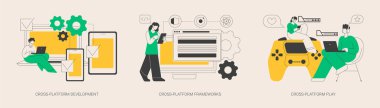Çapraz platform yazılım soyut konsept vektör çizimi seti. Çapraz platform geliştirme çerçeveleri, çevrimiçi çoklu oyuncu, mobil uygulama kullanıcı deneyimi, kod yazma, konsol oyuncusu soyut metaforu.