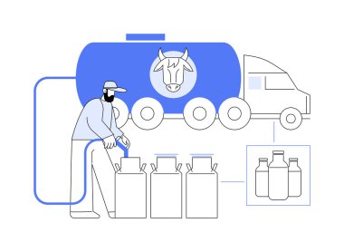 Süt toplama ve soyut konsept vektör çizimi. İşçiler süt dağıtımıyla kamyon, tarım sektörü, üretim sektörü, süt ürünleri soyut metaforu kullanarak ilgileniyorlar.