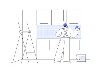 Kurulum soyut konsept vektör illüstrasyonu. Üniformalı işçiler mutfağa su sıçratıyor, kaba iç işleri, özel ev yapımı soyut metafor..