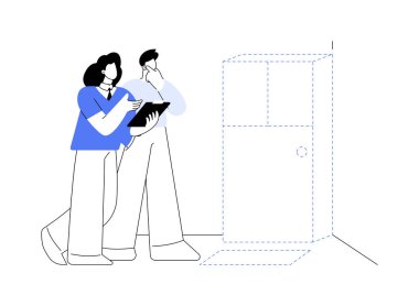 İç mimariye danışmanlık, soyut konsept vektör çizimi. Müşteri içi tasarımcıyla boş alanda konuşuyor, özel ev projesi tartışması, onarım hizmeti soyut metafor.