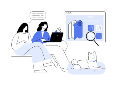 İç tasarım örnek tahtası soyut konsept vektör çizimi. Profesyonel iç mimar dizüstü bilgisayarla materyal örnekleri sunuyor, özel ev onarım servisi soyut metafor.