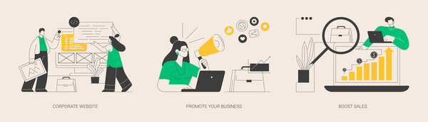 Набор абстрактных векторных иллюстраций бизнес-роста. Корпоративный сайт, продвижение вашего бизнеса, увеличение продаж, цифровой маркетинг продукта, самопродвижение предпринимателя, план продаж..