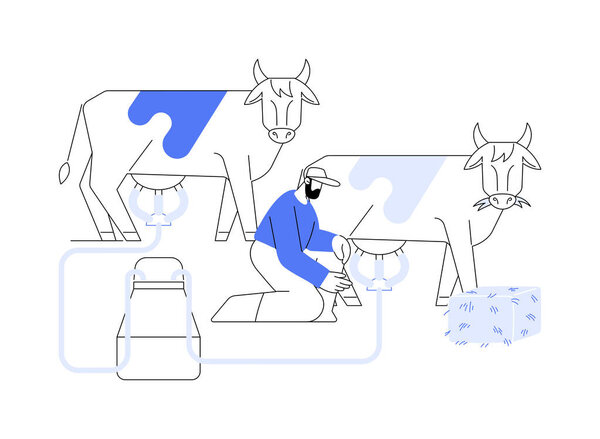 Milking cows abstract concept vector illustration. Farmer milking cows on ranch, agriculture worker, dairy farming, production sector, rearing of animals, livestock breeding abstract metaphor.