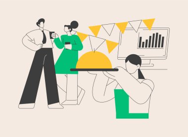 Kurumsal parti soyut konsept vektör çizimi. Meslektaşlar bir araya gelir, ofis partisi planı, takım oluşturma etkinliği, kurumsal etkinlik fikri, eğlence servisi, soyut metaforlar..