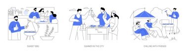 Açık havada BBQ karikatür vektör çizimleri ayarlandı. Çeşitli mutlu insanlar gün batımında barbekü partisi yapıyorlar, birlikte et ızgara yapıyorlar, şehir barbeküsü yapıyorlar, arkadaşlarıyla açık hava vektör karikatürü çiziyorlar..