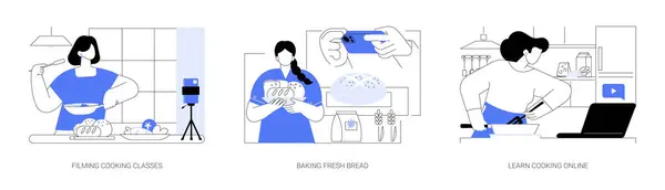 Apprendre Cuisiner Isolé Dessin Animé Vecteur Illustrations Ensemble Affichage Processus — Image vectorielle