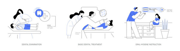 School dentist abstract concept vector illustration set. Student dental examination, basic dental treatment, oral hygiene instruction, pediatric stomatology, cavity checkup abstract metaphor.