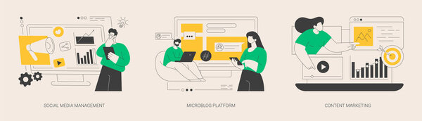 Набор абстрактных векторных иллюстраций стратегии СММ. Управление социальными медиа, платформа микроблогов, интернет-маркетинг контента, вовлечение пользователей и взаимодействие, обмен пост-абстрактной метафорой.