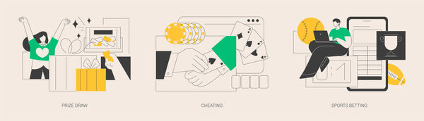 Онлайн азартные игры абстрактные концепции векторные иллюстрации набор. Призовая игра, обман, спортивные ставки, большой приз, компьютерные игры, мобильное приложение, рекламный маркетинг, абстрактная метафора казино.