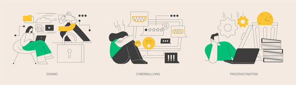 Набор абстрактных векторных иллюстраций социальной инженерии. Доксирование и киберзапугивание, промедление, онлайн-запугивание, негативные комментарии, интернет-травля, профессиональное выгорание и метафора.
