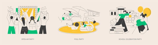 Набор абстрактных векторных иллюстраций для планирования событий. Вечеринка в бассейне под открытым небом, школьный праздник, танцевальный открытый, летний музыкальный фестиваль, бассейн, приглашение на бал и оформление абстрактной метафоры.