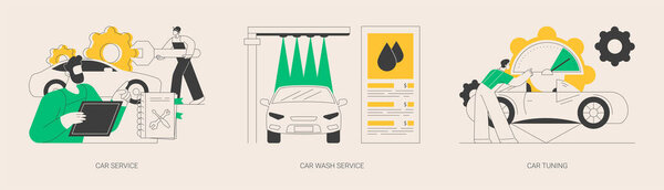 Vehicle maintenance business abstract concept vector illustration set. Car service, vehicle automatic wash, automobile style and design tuning, sports car repair, 24 hours service abstract metaphor.