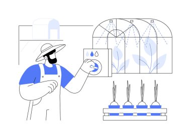Sera otomasyonu soyut konsept vektör çizimi. Çiftçi otomatikman sulamayı serada, modern tarımda, akıllı çiftçilikte, tarım sektöründe soyut metaforda çalıştırıyor..