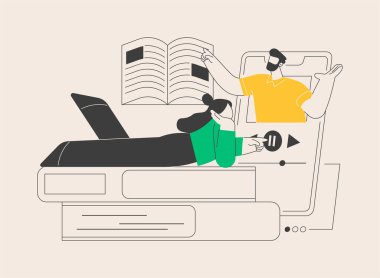 Sesli kitapların soyut konsept vektör illüstrasyonunu dinleyin. Audiobooks çevrimiçi uygulaması, kendini izole ederken boş zaman, web sitesi aboneliği, kitap alımı, e-kütüphane soyut metaforu.