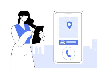 Taksi soyut konsept vektör çizimi iste. Taksi çağırma arayüzü, ticari şehir ulaşımı, şehir ulaşımı olan akıllı telefonları elinde bulunduran kişi, çevrimiçi soyut bir metafor sipariş et.