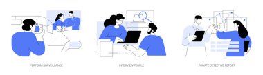 Private detective isolated cartoon vector illustrations set. Private detective taking photos of couple, collect evidence, interview people, present investigation report to client vector cartoon.
