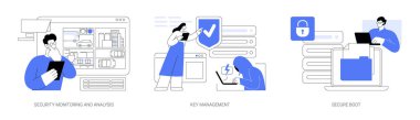 Smart city security isolated cartoon vector illustrations set. Monitoring and analysis, looking at screens with diverse of people, device key management, secure boot protocol vector cartoon.