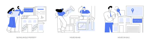 Maison Retournant Isolé Dessin Animé Vecteur Illustrations Ensemble Jeune Couple — Image vectorielle