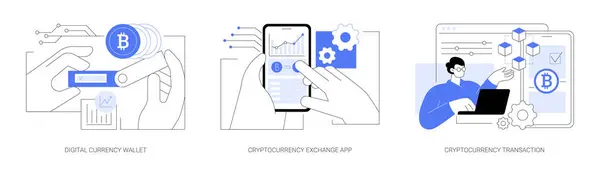 Cryptocurrencies Applications Isolated Cartoon Vector Illustrations Set Person Holding Electronic — Vetor de Stock