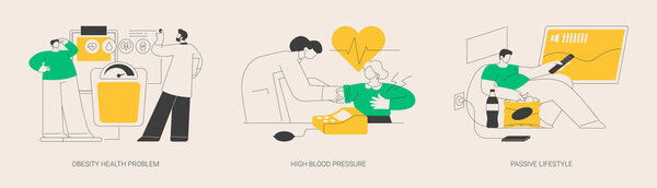 Неактивный образ жизни проблемы абстрактного векторного набора понятий. Проблемы со здоровьем при ожирении, высокое кровяное давление, пассивный образ жизни, употребление нездоровой пищи, жира в организме, плохая форма, абстрактная метафора апатии.