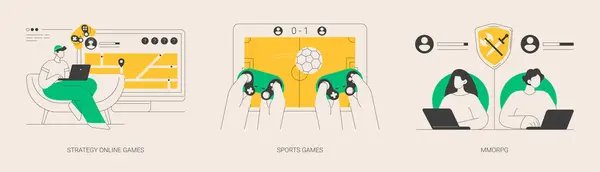 Playing computer games abstract concept vector illustration set. Strategy online games, digital sports championship, online multiplayer, internet browser, gaming app, championship abstract metaphor.