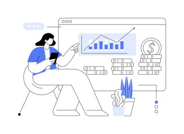 Yatırımları izole edilmiş karikatür vektör çizimleri yap. Akıllı telefonu olan kadın bankacılık uygulaması, para yatırımı, iş adamları, ticaret fikri, eş-eş-ağ vektör karikatürü kullanıyor.