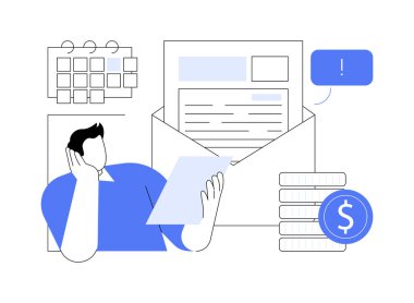 Borç toplama mektubu karikatür vektör çizimlerini izole etti. Üzgün adamın elinde borç tahsilatı mektubu, iş krizi, bütçe sorunu, kredi taahhüdü, finansal hata vektör karikatürü var.