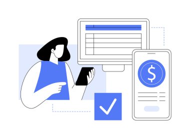 Çevrimiçi transfer izole çizgi film vektör çizimleri. Kadın kontrolü çevrimiçi para transferi bilgisayar ve akıllı telefon uygulaması, uzaktan çalışma, serbest çalışanlar maaş bordrosu, dijital göçebe vektör karikatürü.