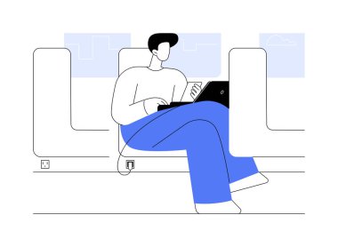 Güç prizleri soyut konsept vektör çizimi. Akıllı telefonu ve dizüstü bilgisayarı olan şehirlerarası yolcu, şehirlerarası otobüs şarj tesisi, şehir içi ulaşım, toplu taşıma metaforu.