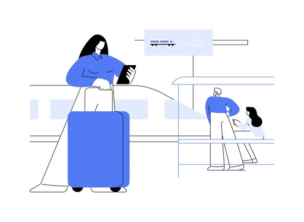 在平台上抽象概念矢量图解 女商人带着智能手机和行李在站台 城市交通 公交旅客的抽象隐喻 — 图库矢量图片